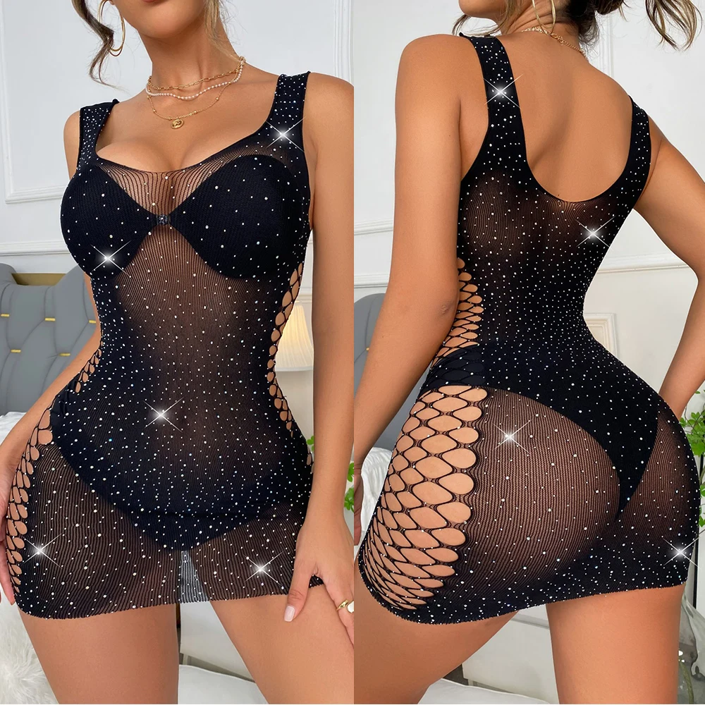 

2023 Hot Selling Women's Black bodysuit Curvy Dress Rhinestone Transparent Fishing Net Sexy Dress Woman Body Nightdress