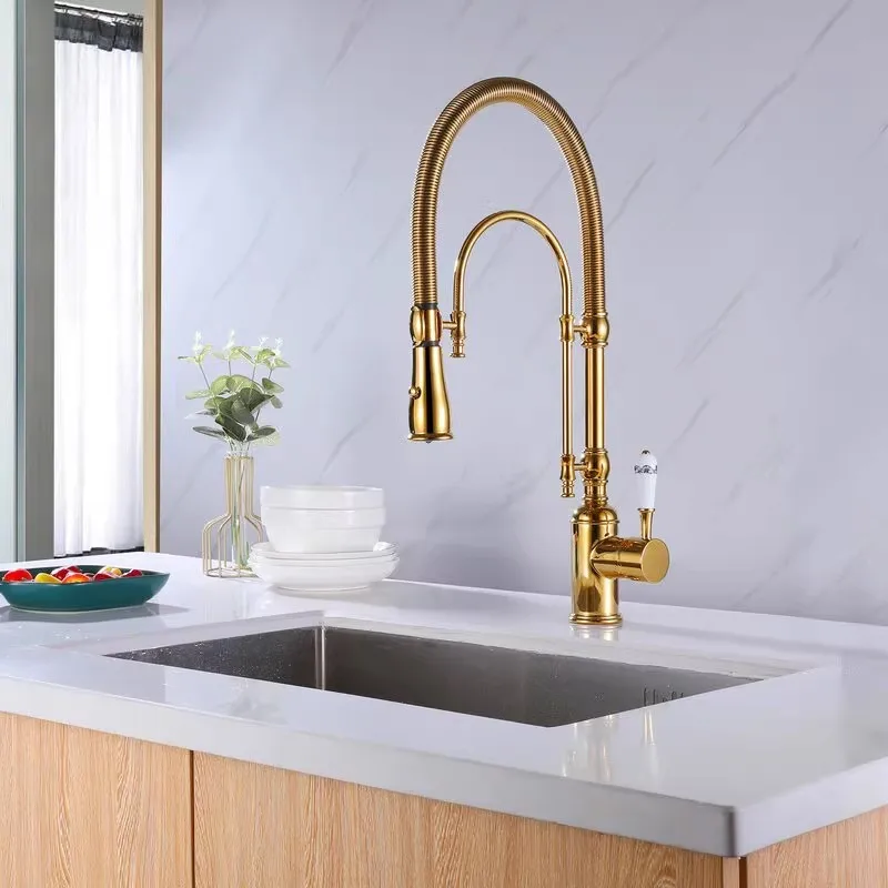 

Gold Kitchen Faucets Brass Pull Down Sink Faucet Pull Out Black Sink Faucet Spring Spout Mixers Tap Hot Cold Water Crane