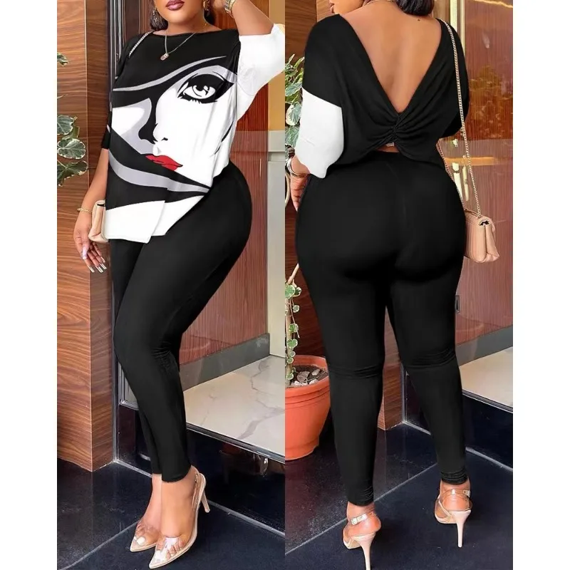 

Women Sexy Long Sleeve O-Neck Backless Irregular Top High Waist Pencil Pants Trousers Suit Autumn Fashion Printed Two-Piece Suit