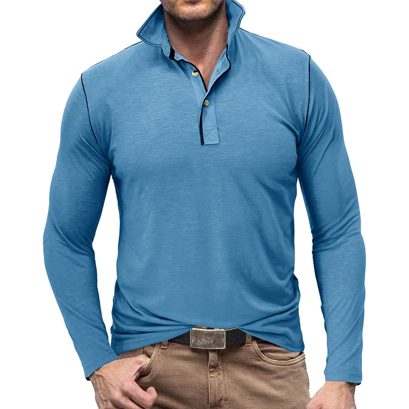 Stilvolle graue Langarm-Poloshirts für Herren, Henley-Oberteile mit Stehkragen und schwarzen Nähten für Frühling und Herbst – Detail 26