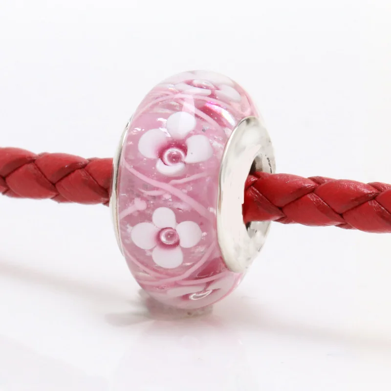 

Hot Sale Silver Color Charm Bead Pink Plum Bossom Flower Glass Beads For Original Pandora Charm Bracelets & Bangles Jewelry
