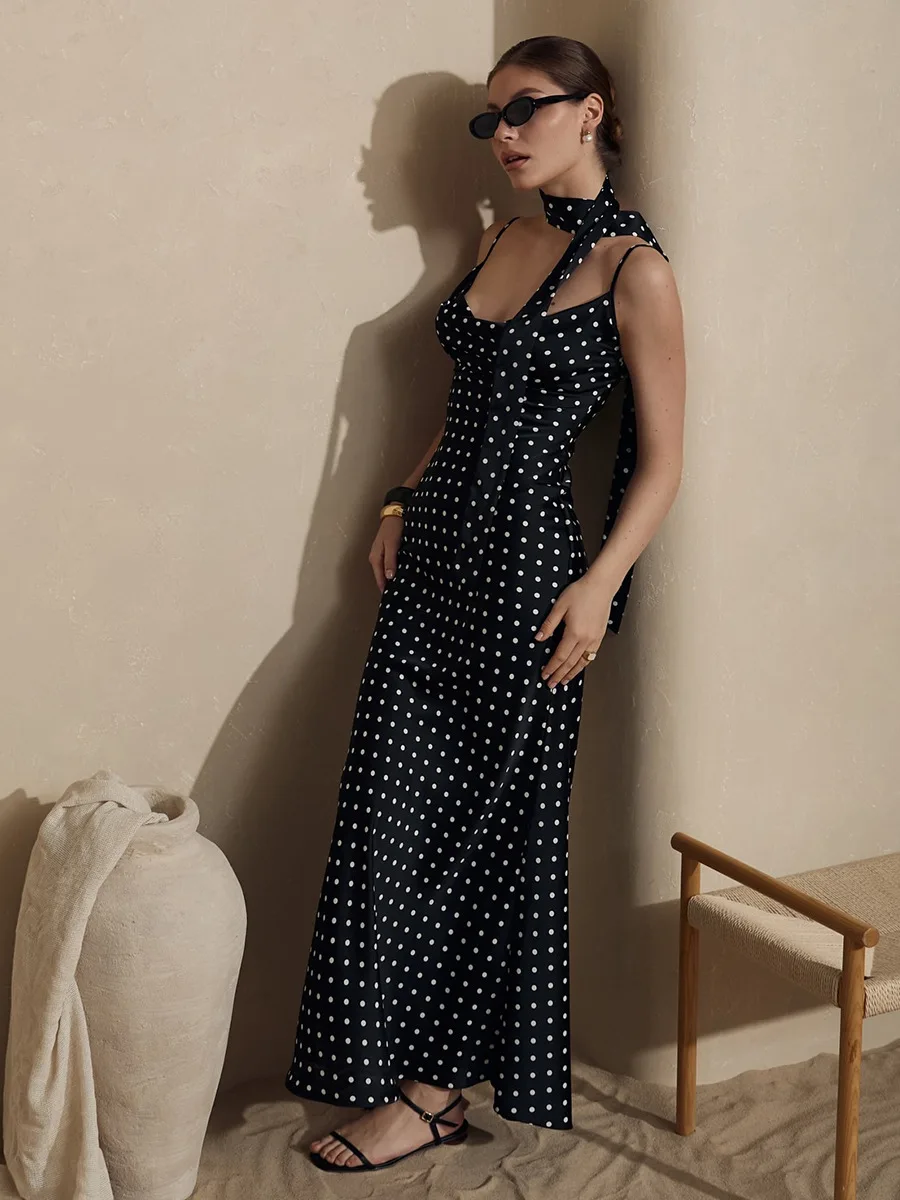 Bornladies 2026 Women's Summer New Cami Maxi Dress Halter Tie-Waist Mermaid Skirt Elegant Polka Dot Long Dress
