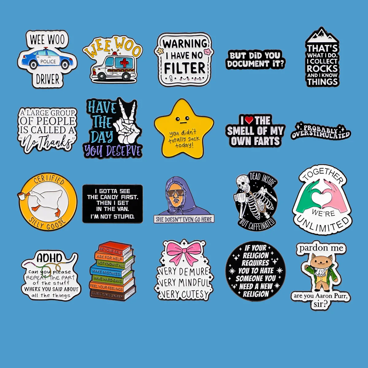 WEE WOO Quotations Car Enamel Pins Star ADHD Brooches For Clothing Backpack Goose Lapel Badges Fashion Cosplay Accessories Gifts
