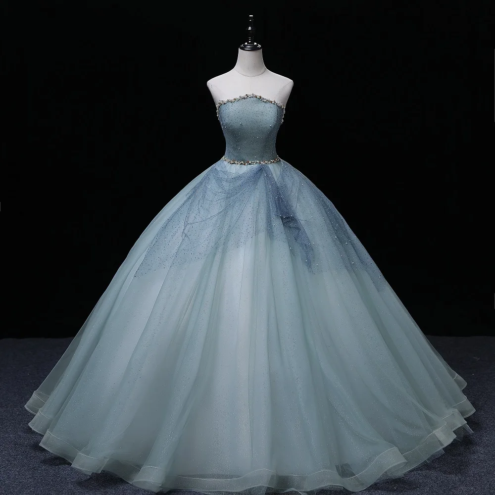 

New blue evening dress high-end noble elegant light luxury temperament elegant sexy banquet host official performance party wedd