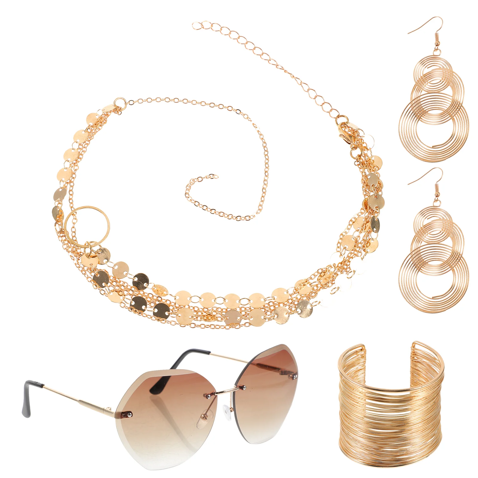 

Модные аксессуары, солнцезащитные очки без оправы для женщин, набор золотых эндододондов 70s, металлические многослойные ожерелья