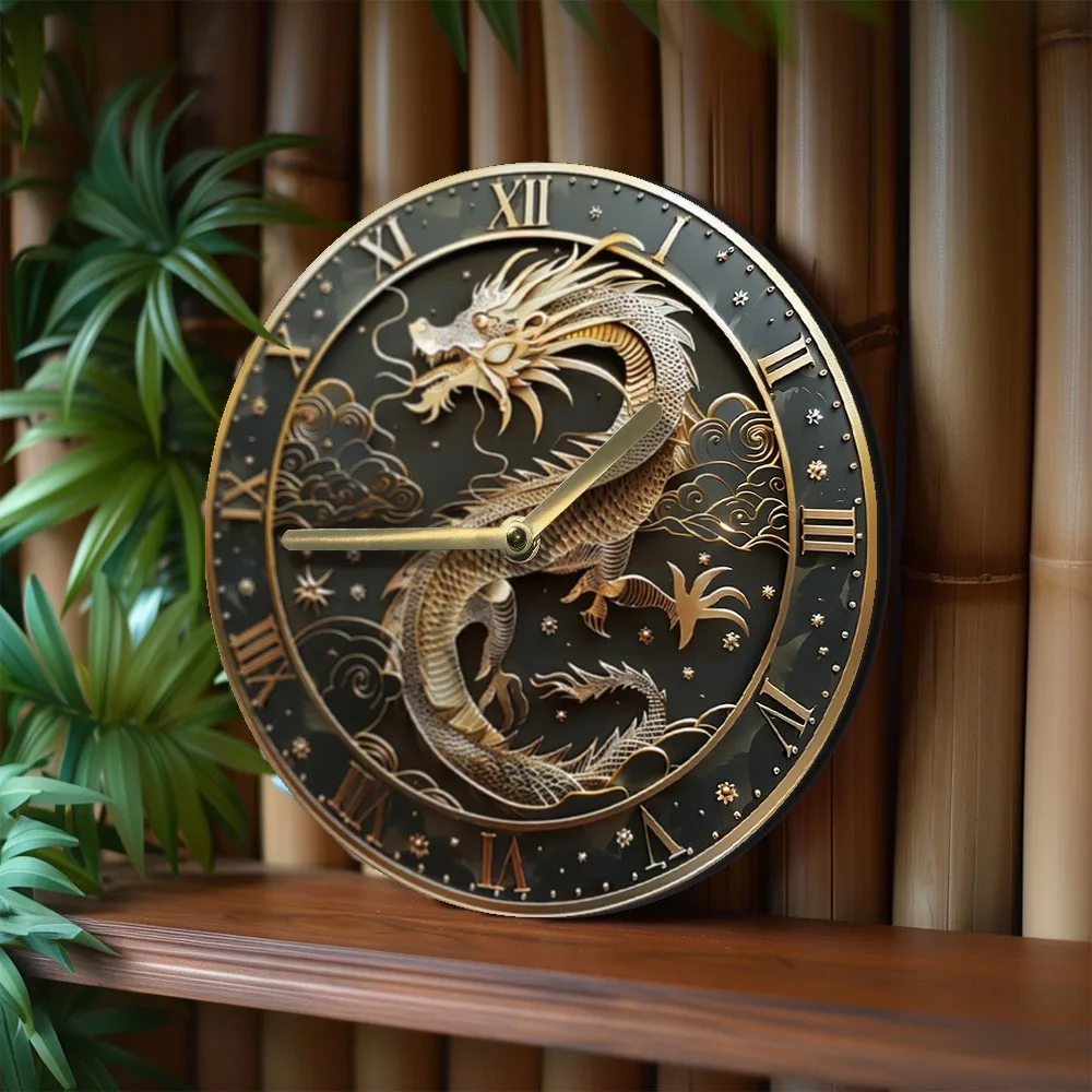 Wooden Wall Clock with Dragon Pattern: A Stylish Time - piece for Home or Office, Runs on AA Batteries 4