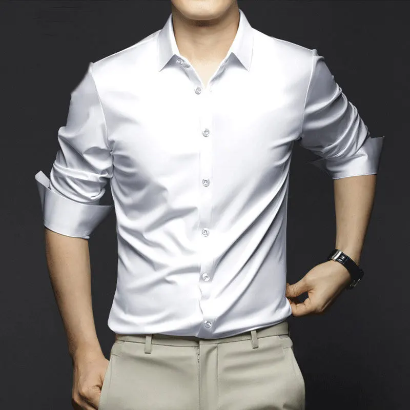 New High Quality Solid Color Stretch Anti-Wrinkle Men Shirts Long Sleeve Dress Shirts Slim Social Business Casual Shirt S- 5XL