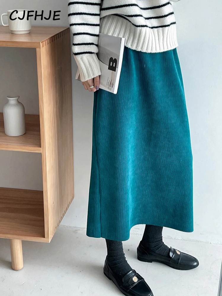 

CJFHJE Blue Corduroy Skirt Women Fleece Straight Midi Skirts Elastic Waist Female New Fashion Elegant Office Ladies Saias Mujer