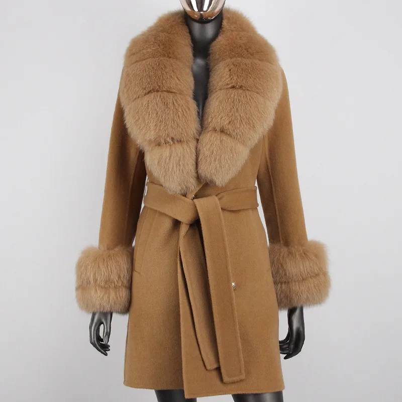 

New Fashion Real Fur Coat Winter Jacket Women Natural Fox Fur Collar Two Layers Cuffs Cashmere Blends Wool Outerwear 2023