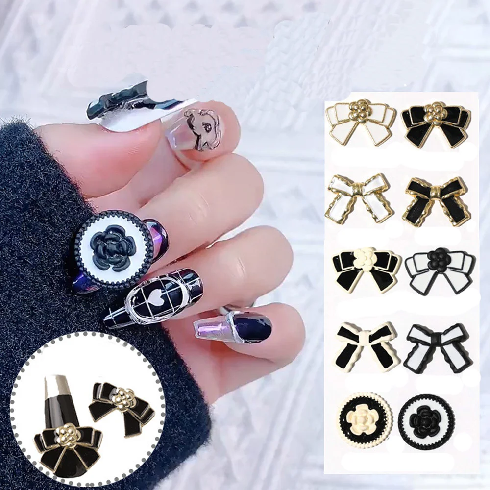 10pcs 블랙 화이트 Bowknot 네일 아트 매력 꽃 네일 라인 석과 3D 프랑스어 고급스러운 금속 합금 활 DIY 네일 액세서리