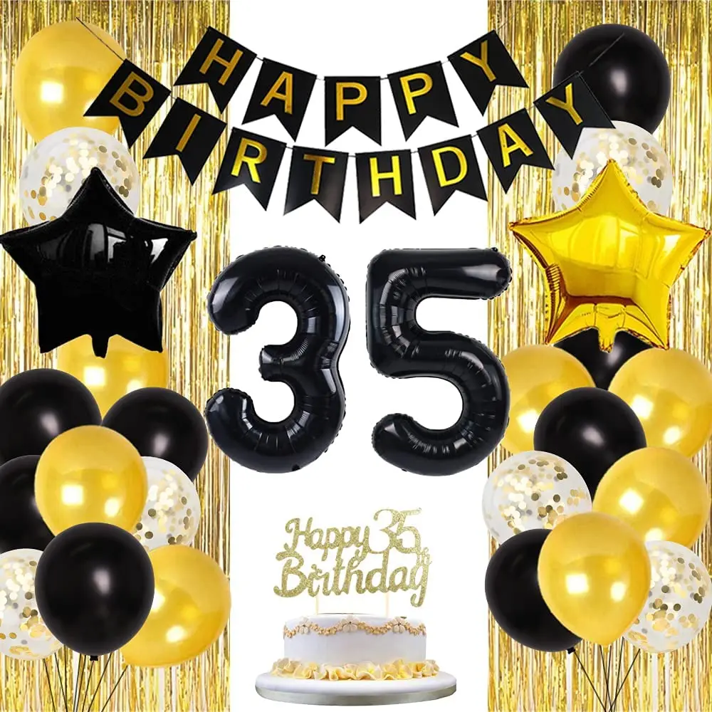

Birthday Decorations for Men and Women, 35 Years Old, Black Gold Foil Balloons, Cake Topper, Banner, 35 Years Old