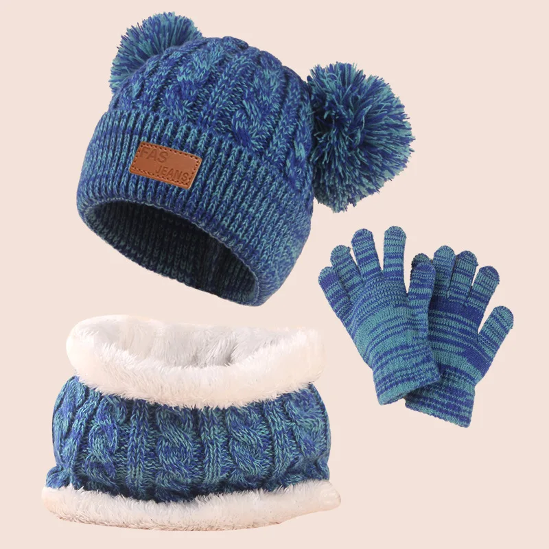 3pcs Winter Hat Sets for Children Beanies Snood Gloves Kids Gilr Boy Winter Cap Short Scarf Cute Big Pompom 2-7 Years