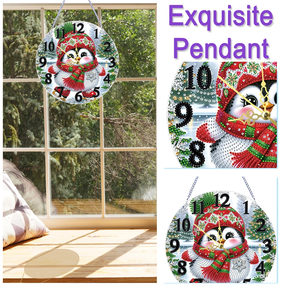 Xmas Diamond Painting Clock Pendant 2D Flat DIY Irregular Shaped Drilling Diamond Art Clock Pendant Kit Creative Craft Project