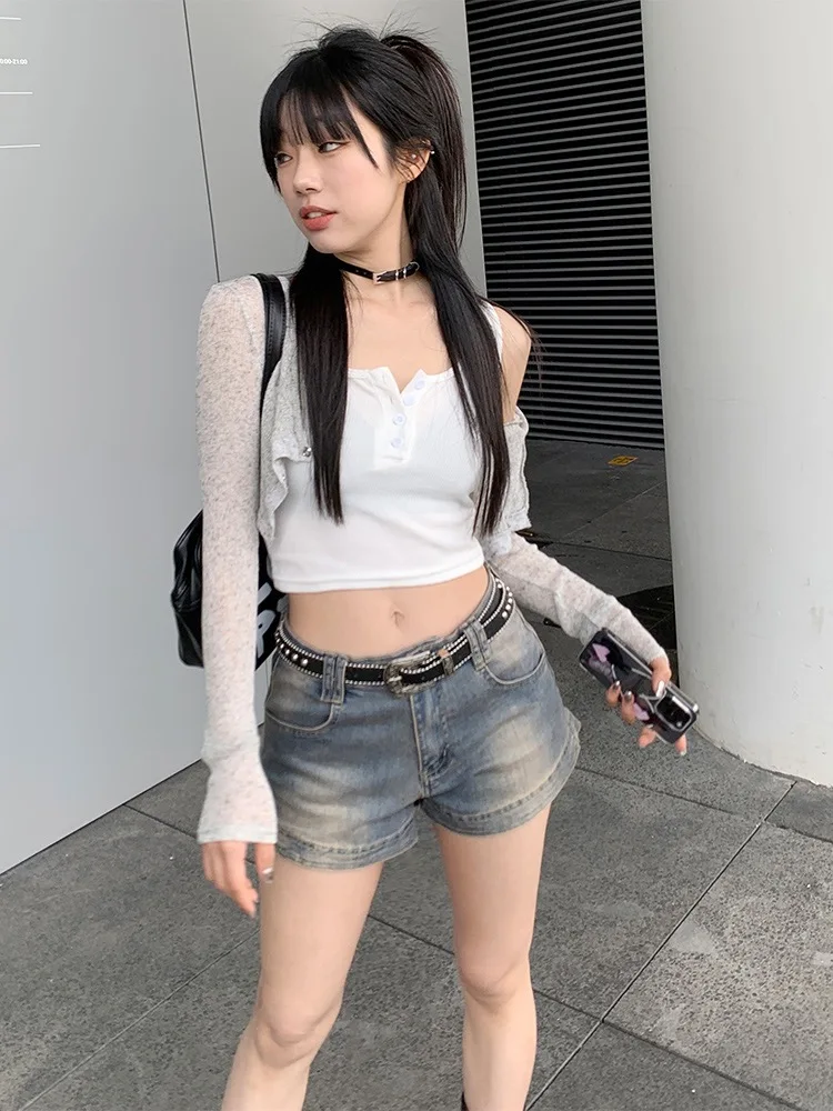 HOUZHOU Vintage Mini Denim Shorts Y2k Women High Waist Short Jeans Korean Streetwear Female Gyaru Fashion Skinny Summer Retro