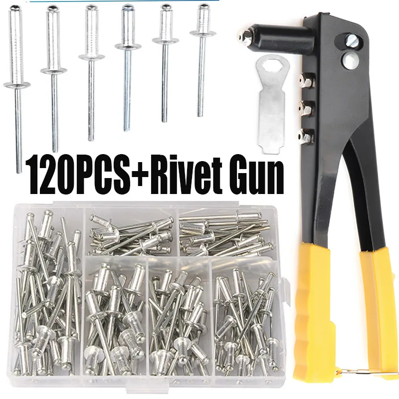 Heavy Duty Riveter Set,Pop Rivet Gun and 120Pcs Blind Rivets Assortment Kit Hand Tools Rivet Nut Tool bestir rivet gun 3 2mm 4 8mm riveter hand tools heavy duty pop rivet gun manual riveter riveting tool blind rivet gun nail gun