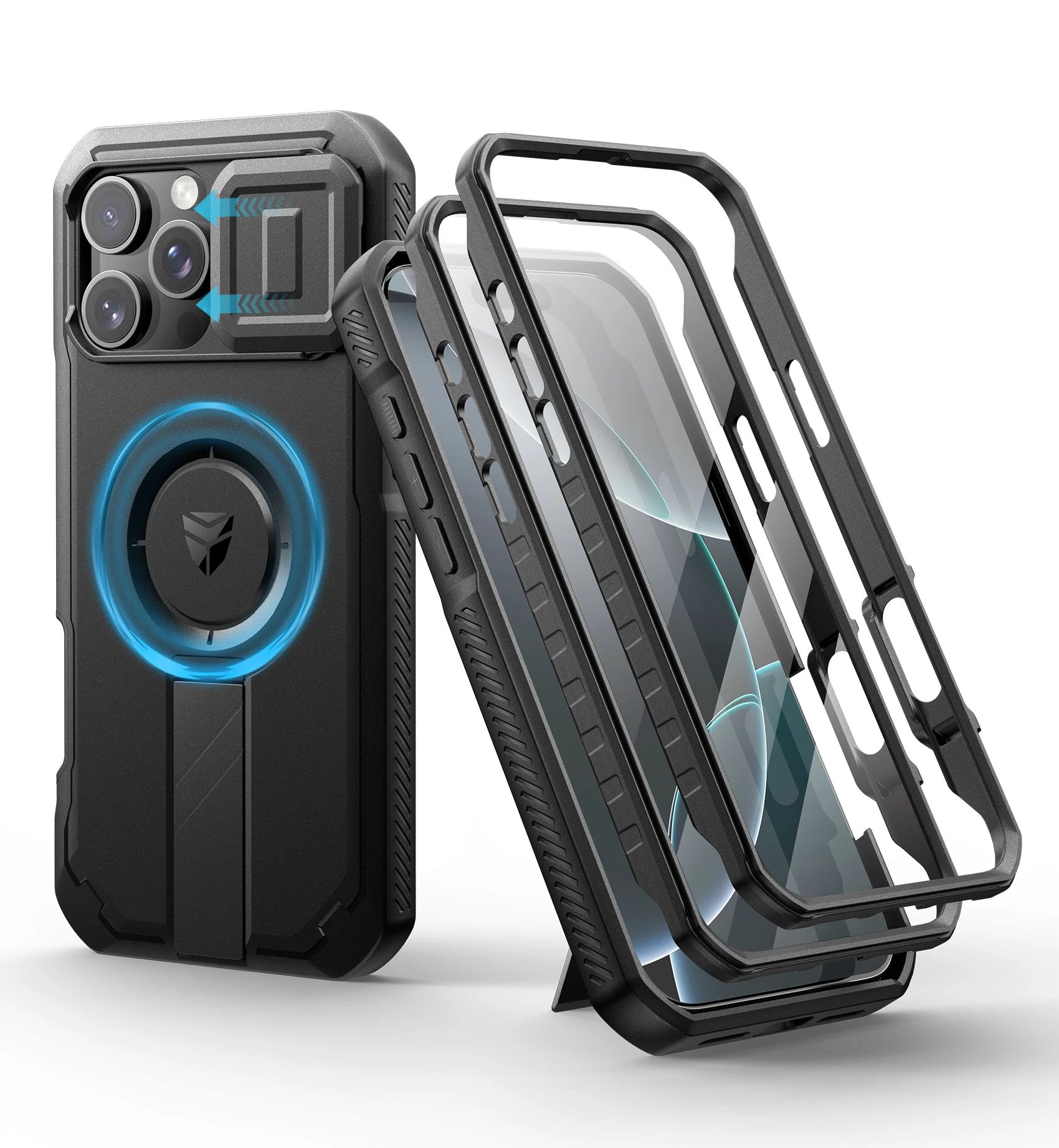 Rugged Armor Shockproof Case with Sliding Camera Cover, Screen Protector, and Kickstand