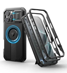 Rugged Armor Shockproof Case with Sliding Camera Cover, Screen Protector, and Kickstand (Black)