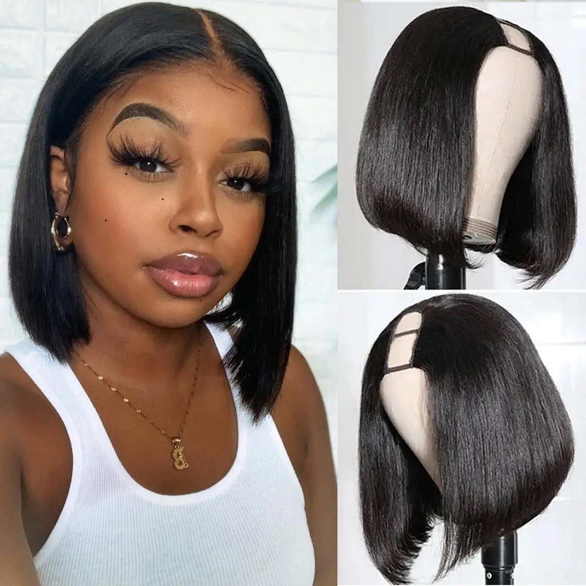 U Part Wig Straight short Bob Human Hair Wigs For Women U Shape Brazilian Remy Human Hair 250% No Leave Out Machine Made Wig Human Hair Wigs