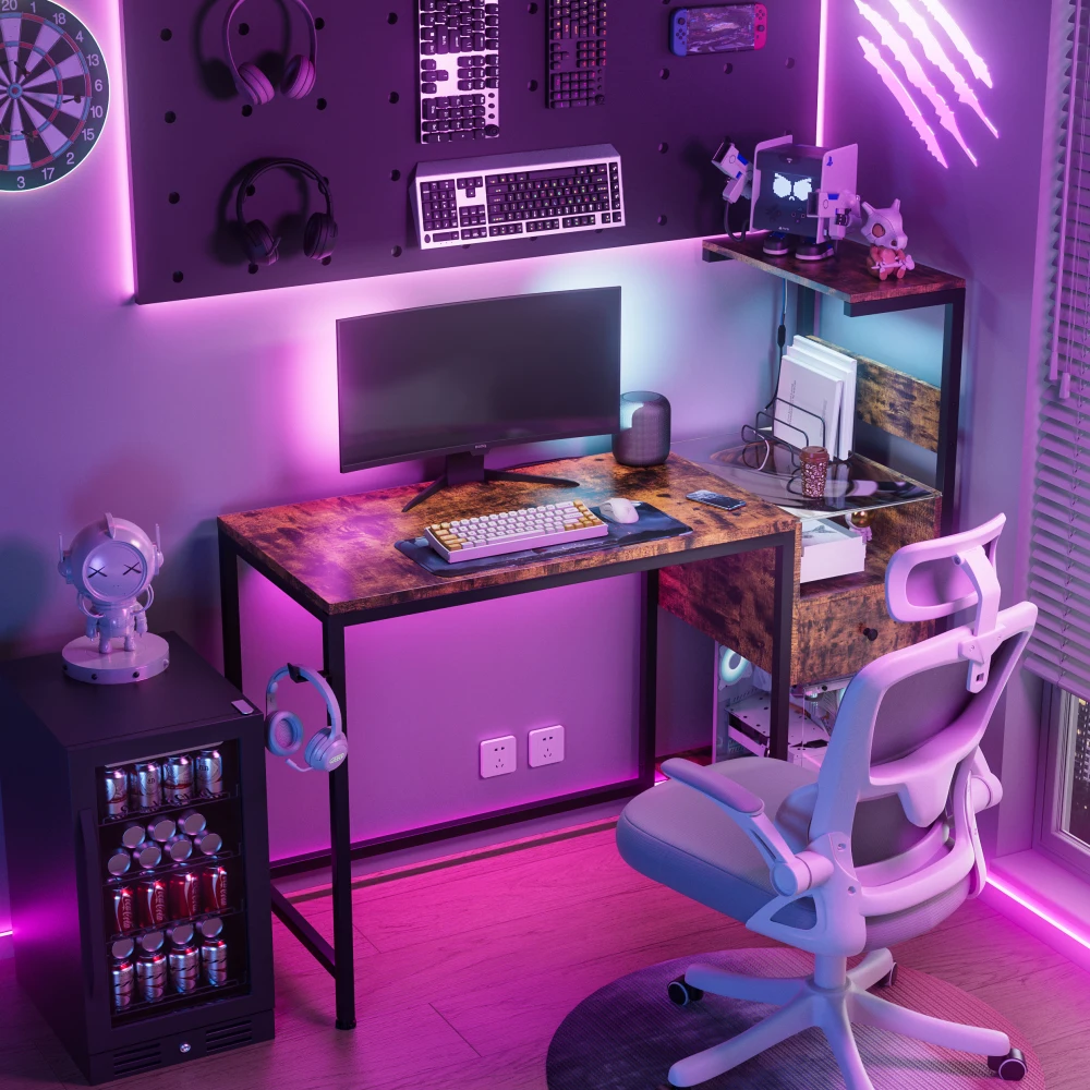 Computer Desk with Power Outlet &  Shelves, Study Writing Table with USB Ports Charging Station, PC Desk Workstation for  Office 3