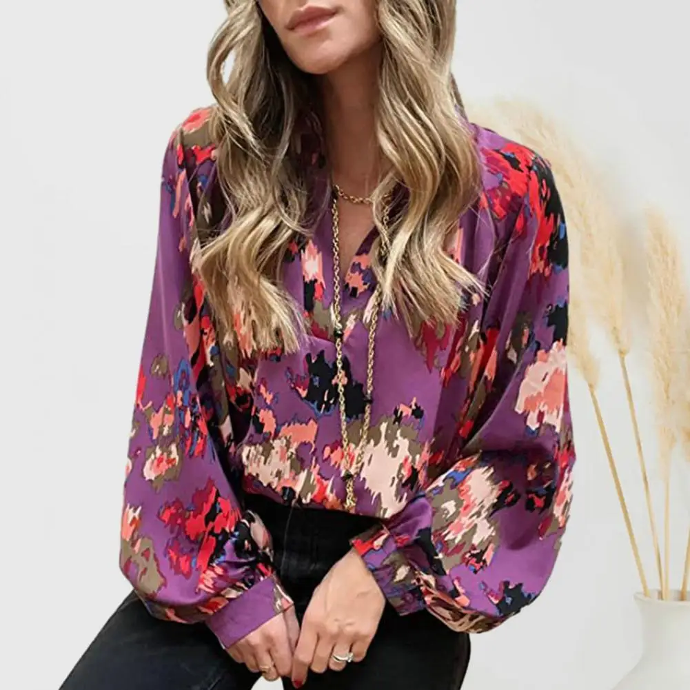 

Women Casual Pullover Shirt V-neck Lantern Long Sleeve Loose Fit Bohemia Abstract Print Boho Blouse Bohemian Hawaii Streetwear