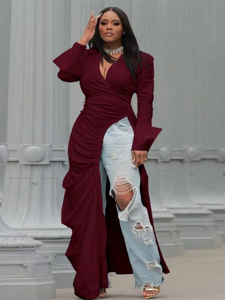 Wmstar Dresses Solid Color Long Sleeved Women's  Deep V Side Opening Slim Fitting Nightclub Party Dress Wholesale Dropshipping