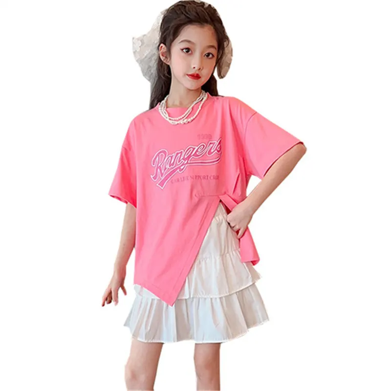 

Skirt Set for Girls Kids Clothes 2023 Summer Split T Shirt White Skirt Two-Piece Teenage Outfits Children Clothing 8 10 12 Years