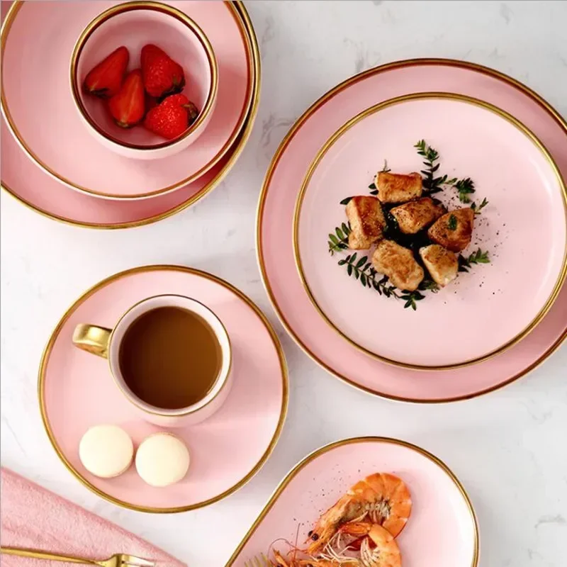 Gilt Rim Pink Dinner Porcelain Plate Set Plate Kitchen Ceramic Tableware Dishes Food Rice Salad Bowl Noodles Mug Cutlery Set 1pc