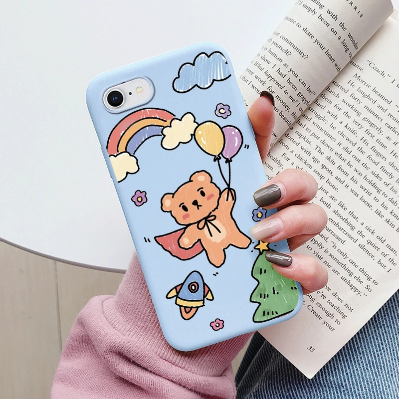 Floral Silicone Phone Case with Cute Cat & Bear Design - Soft Protective Back Cover