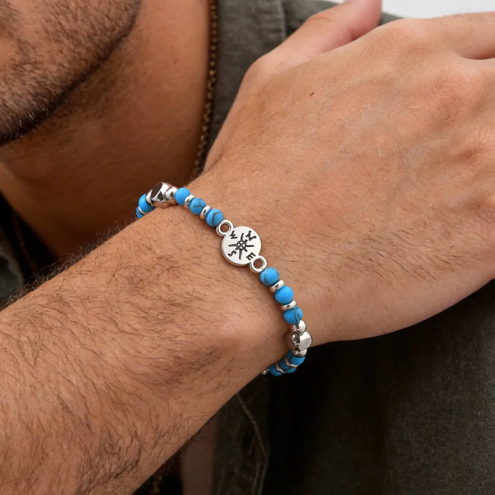 Kompass-Perlenarmband für Männer und Jungen, Natürliches Boho-Perlenkettenarmband, Abschlussgeschenke