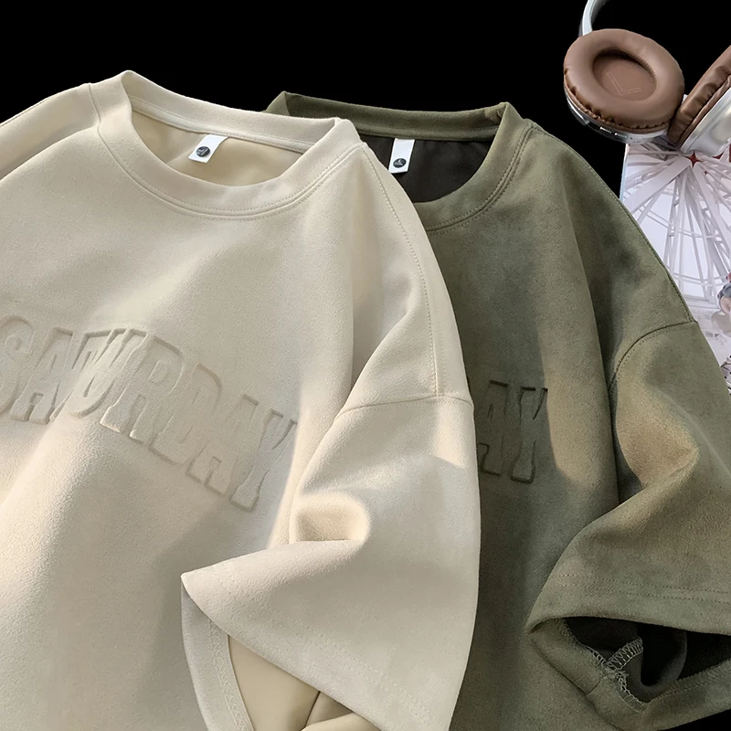 남성용 기본 스테레오 레터 스웨이드 티셔츠, 단색 티셔츠, 유니섹스 반팔 상의, 2024 여름 레저 O넥 티셔츠, 신제품  Best5