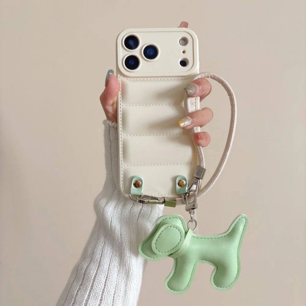 Cartoon Dog PU Leather Lanyard Phone Case with Creative Down Jacket Design