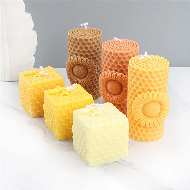 Bougies En Cire D'abeille – Lot De 2 Bougies Cylindriques Alvéolées, Couleur Jaune Naturelle