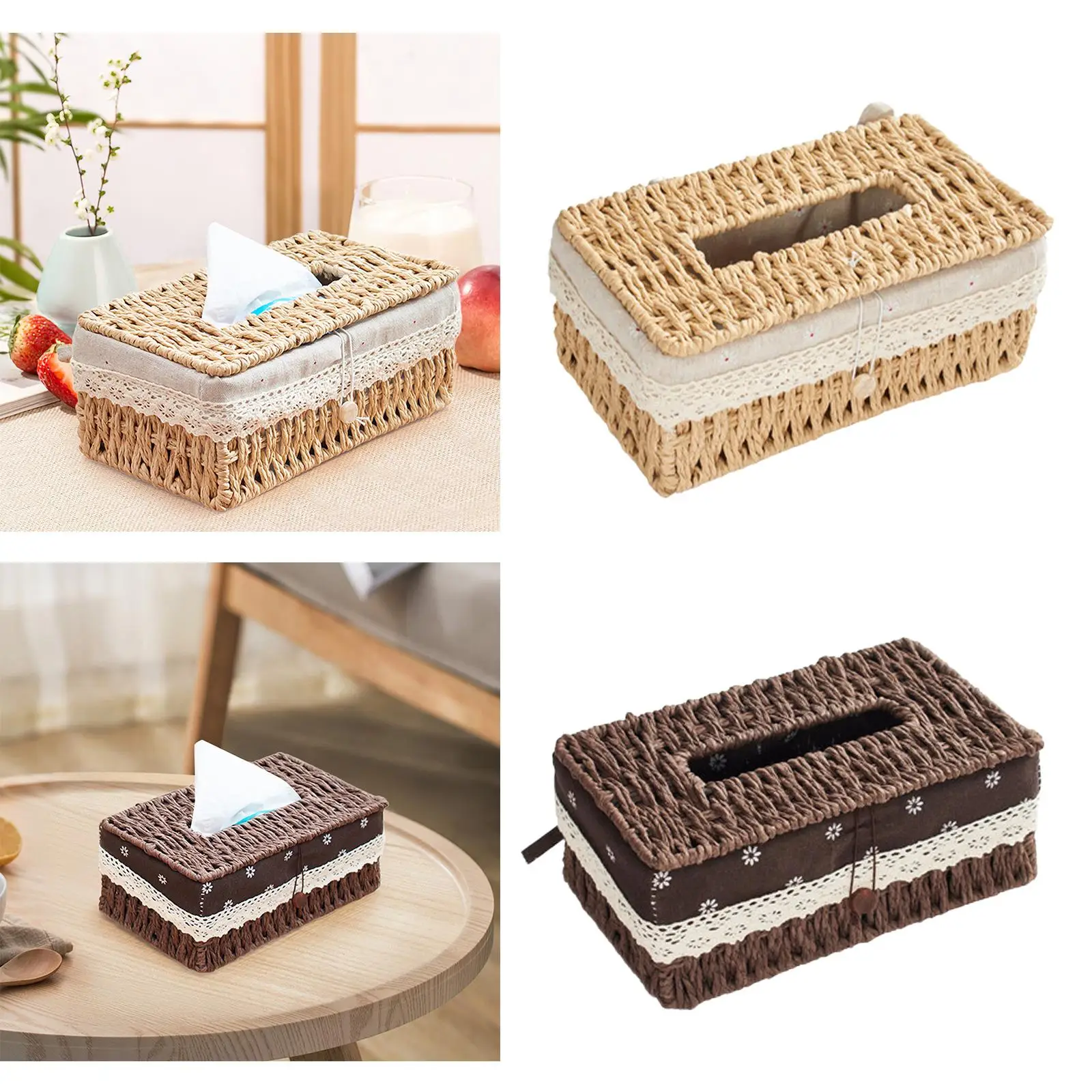 Hand Woven Tissue Box Cover Desk Organizer Dining Table Facial Napkin Holder 4