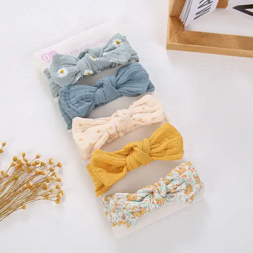 5Pcs/Set Solid Muslin Cotton Linen Baby Headband Elastic Rabbit Ear Hair Band Infant Girl Turban Headwraps Stretch Accessories - Image 5