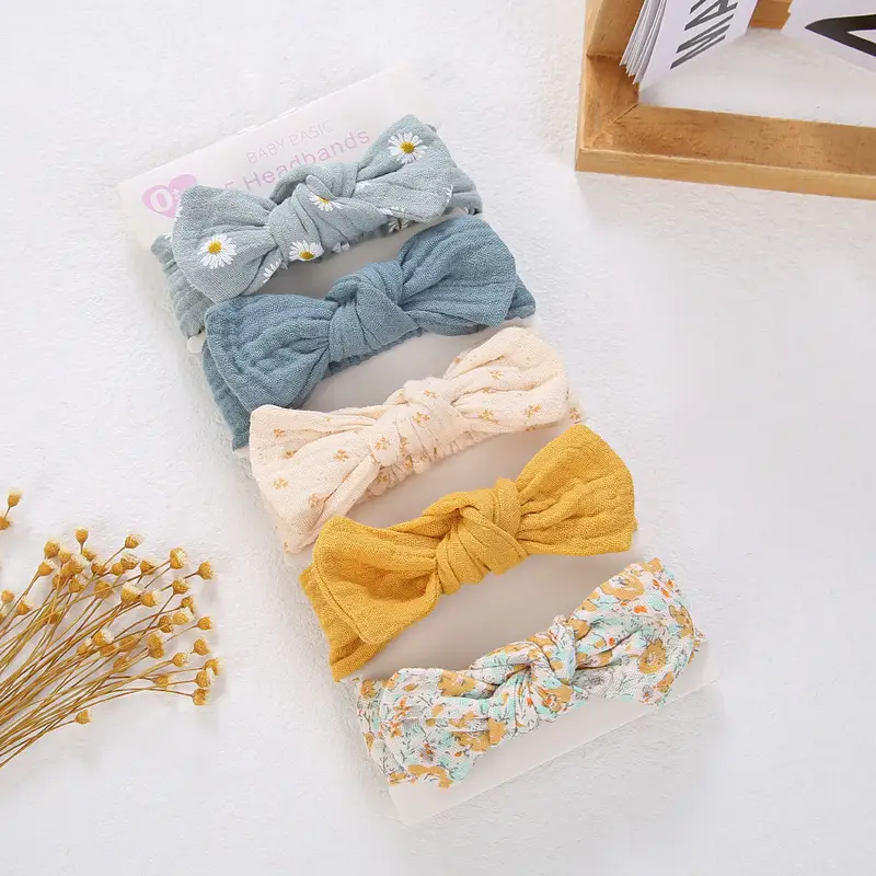 5Pcs/Set Solid Muslin Cotton Linen Baby Headband Elastic Rabbit Ear Hair Band Infant Girl Turban Headwraps Stretch Accessories - Image 5