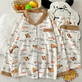 HelloKitty الحلو لطيف Harajuku نمط المرأة منامة الكرتون طباعة Kawaii موضة 2 قطعة مجموعة ملابس خاصة الخريف الشتاء ملابس منزلية جديدة 3