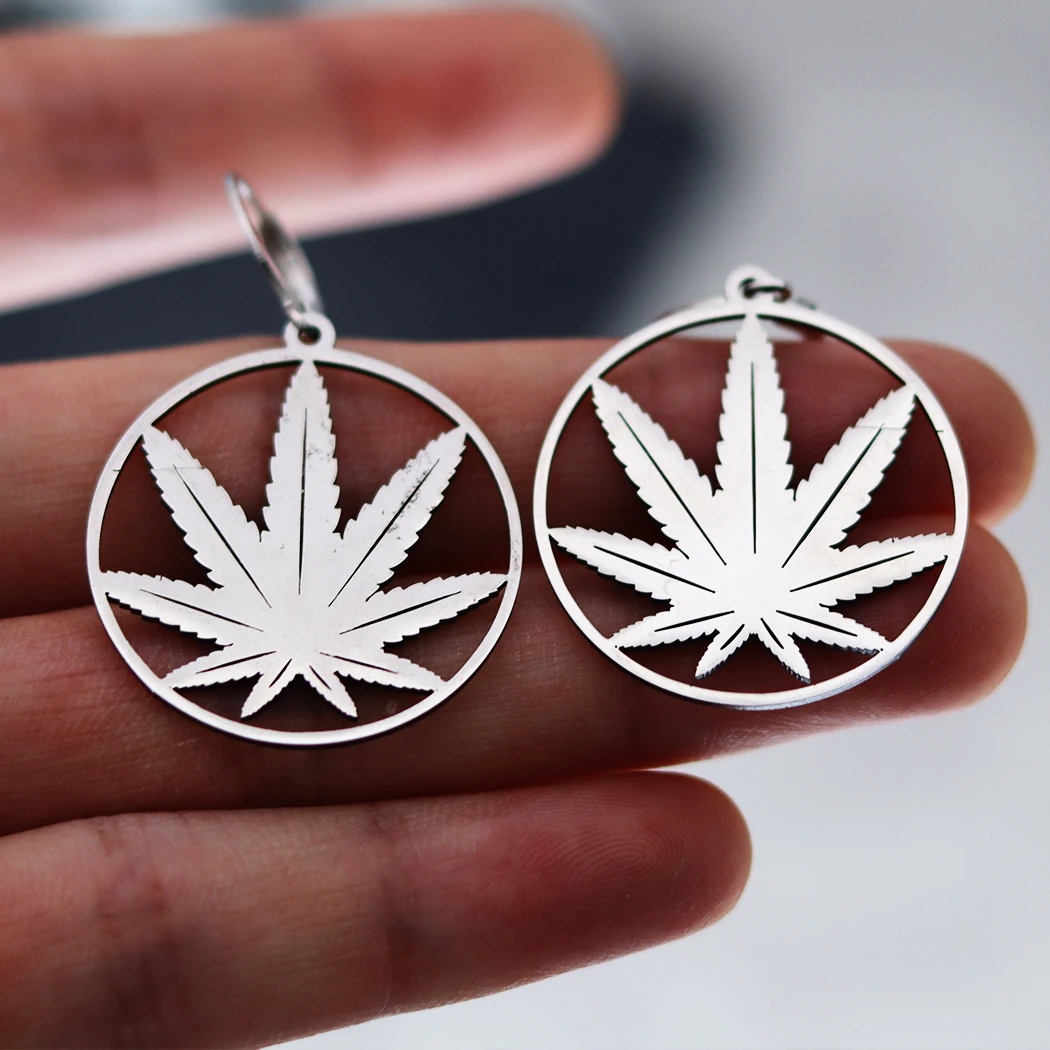 QIAMNI Stainless Steel Round Pot Leaf Hoop Earrings for Women Weed Jewelry Fashion Palm Leaves Drop Statement Piercing Ear 2