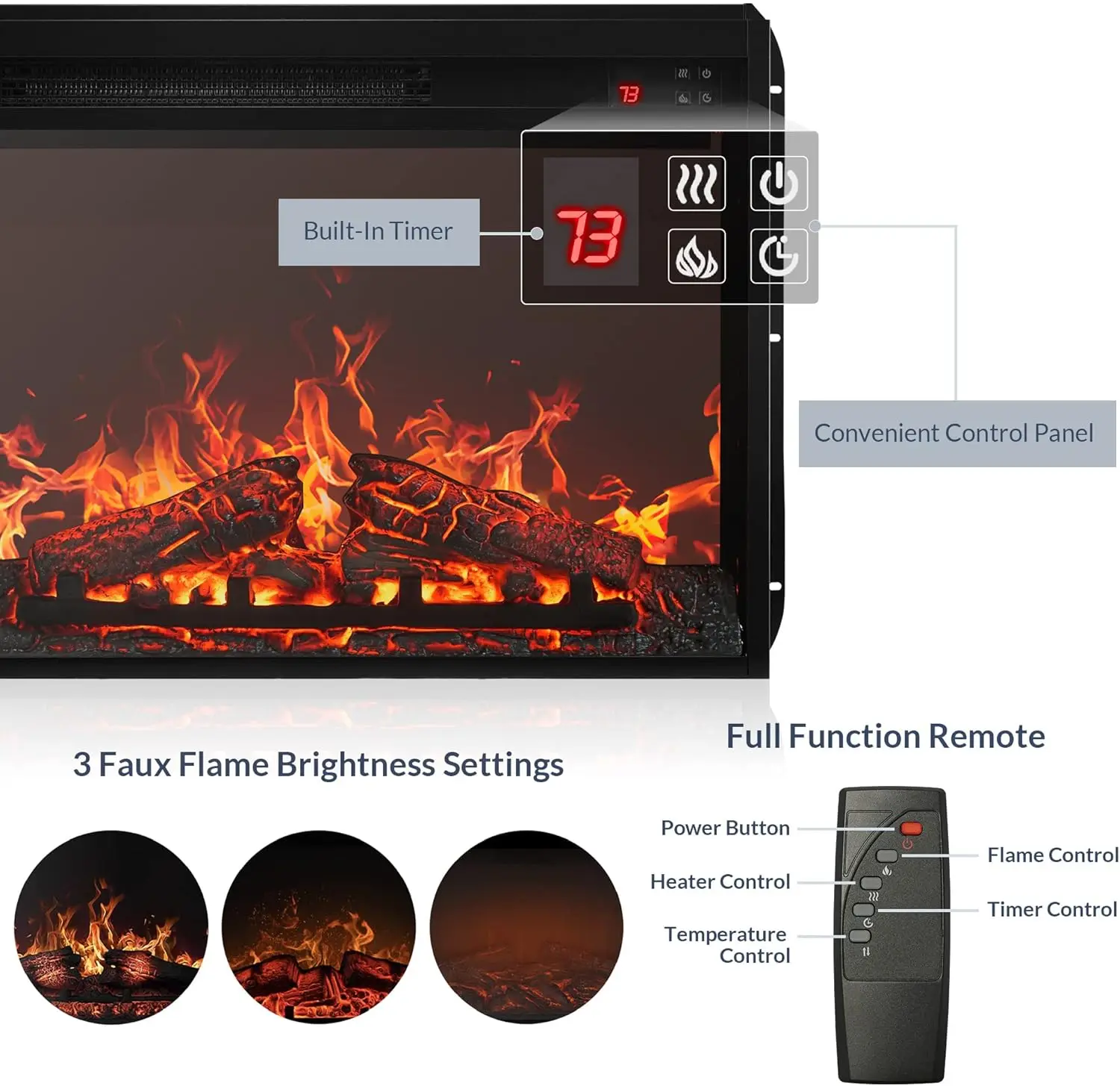 Electric fireplace insert, recessed fireplace heater with remote control, indoor fireplace heater with adjustable brightness 5