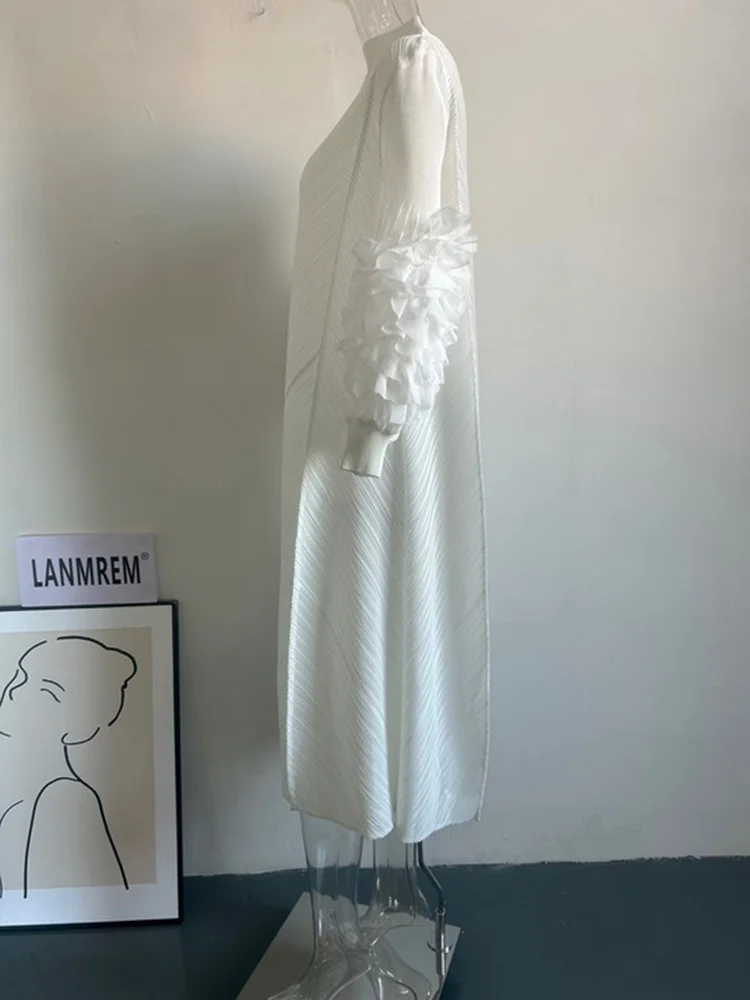 LANMREM-vestido plissado grande para mulheres, gola redonda,