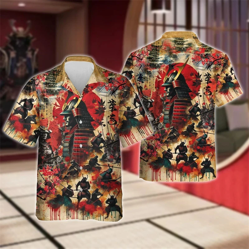 thumbnail image 1 of Camisas de guerrero japonés con estampado 3D para hombre, camisas playeras con gráficos de samurái, blusas de manga corta abotonadas a la moda para hombre, 1 of 5