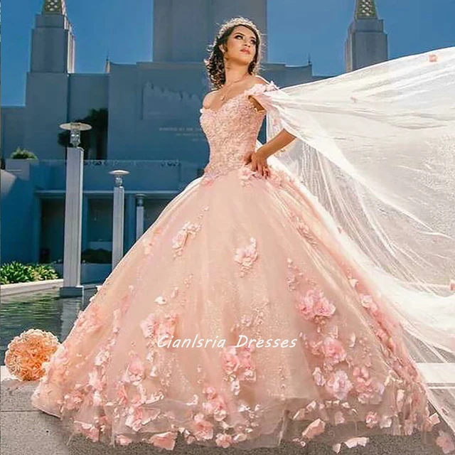 Blush Pink Flowers Tulle Off Shoulder Quinceanera Dresses Ball Gowns –  alinanova