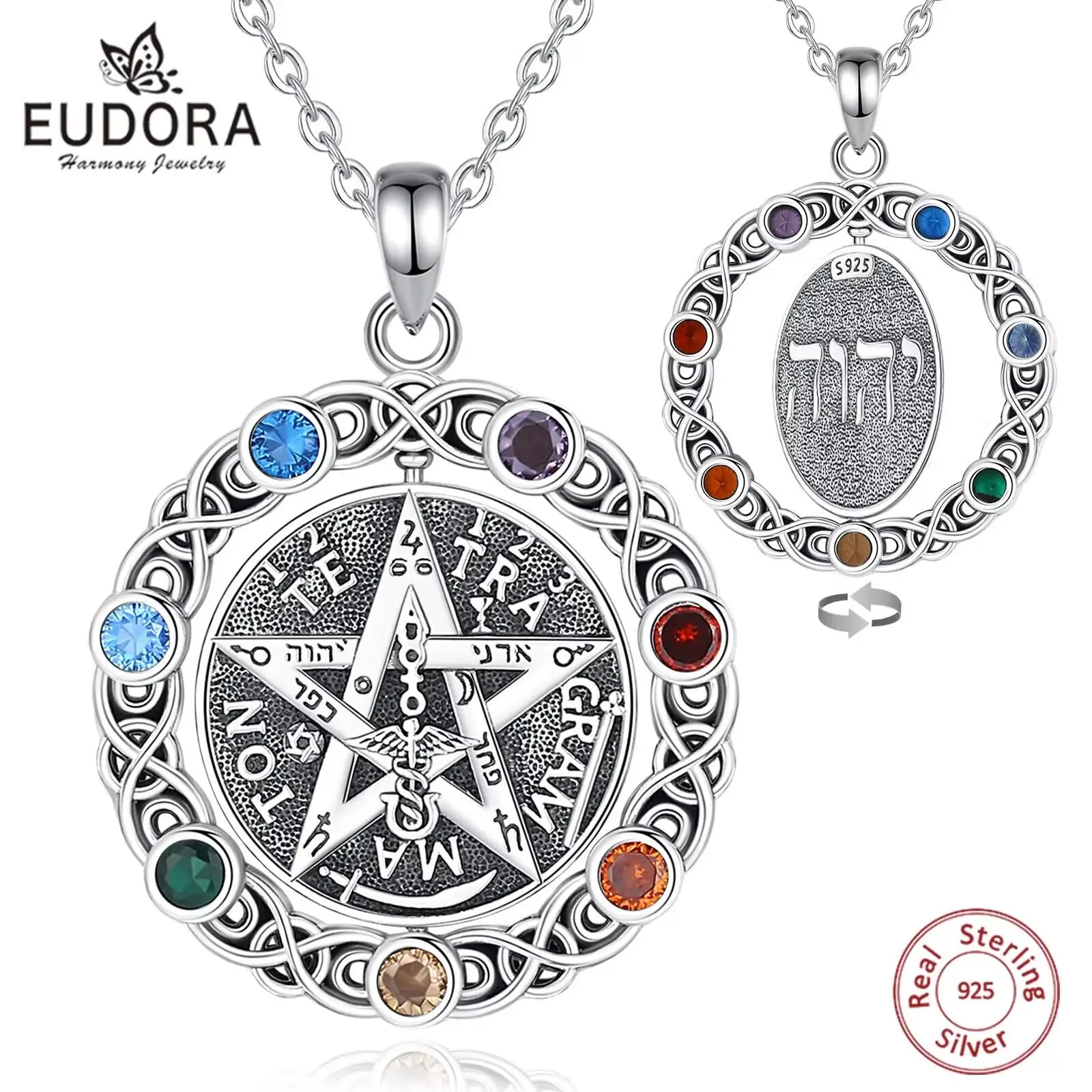 925 Sterling Silver Pentagram Necklace for Women Man 7 Color Chakra Star Tetragrammaton Pendant rotatable Gift Pendant Necklace,Silver Necklace,Silver Pendant