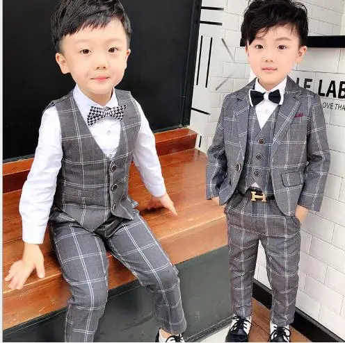 Baby Boys Suits Blazers grid Long Clothes For Wedding Party Baby boys Vest Pants Jackets 3pcs Kids Outerwear Clothing Boys Set