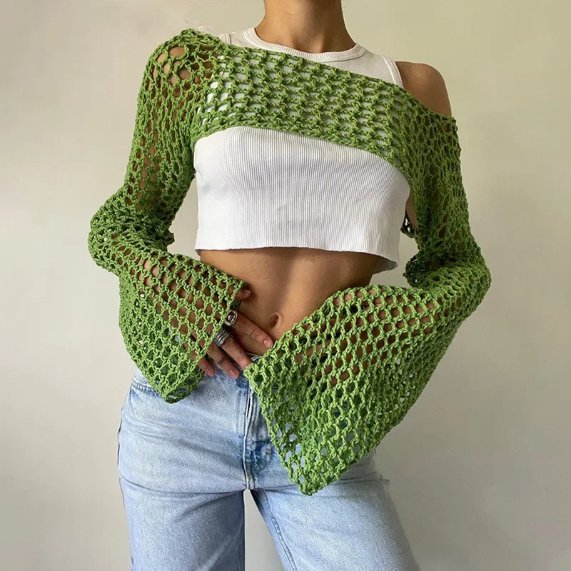 Green Knit Crop Top Women Mesh Long Sleeve T-shirt Beach