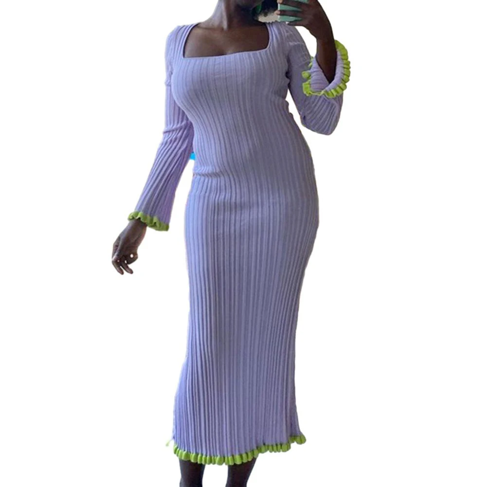 

Модное женское платье-макси с расклешенной юбкой, длинным рукавом и квадратным вырезом, удобная эластичная ткань