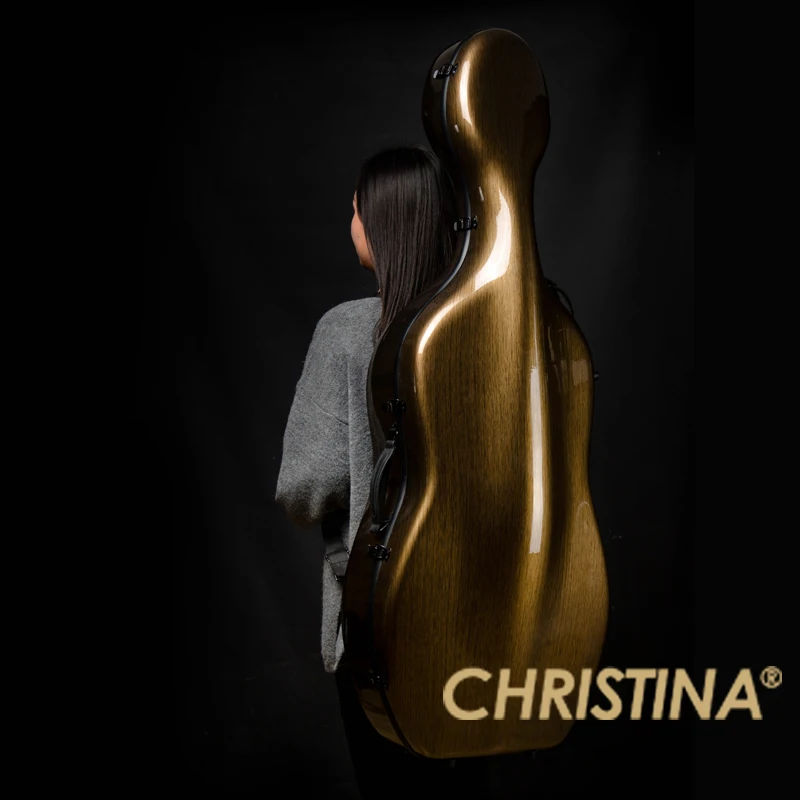

CHRISTINA Carbon Fiber Cello Case, Dark Gold, with Double Shoulder Straps, Wheels, Handle, Code Lock (CB04)