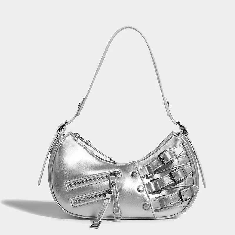 Withered Fashion Girls American Retro High Street Punk Style Zipper Multicolor Leather Underarm Bag One Shoulder Tote Bag Women