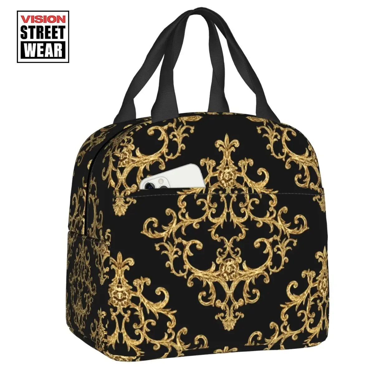 

Изолированные сумки для обеда в стиле барокко с золотым цветочным узором для женщин, портативный охладитель, термо-бокс, для кемпинга и путешествий