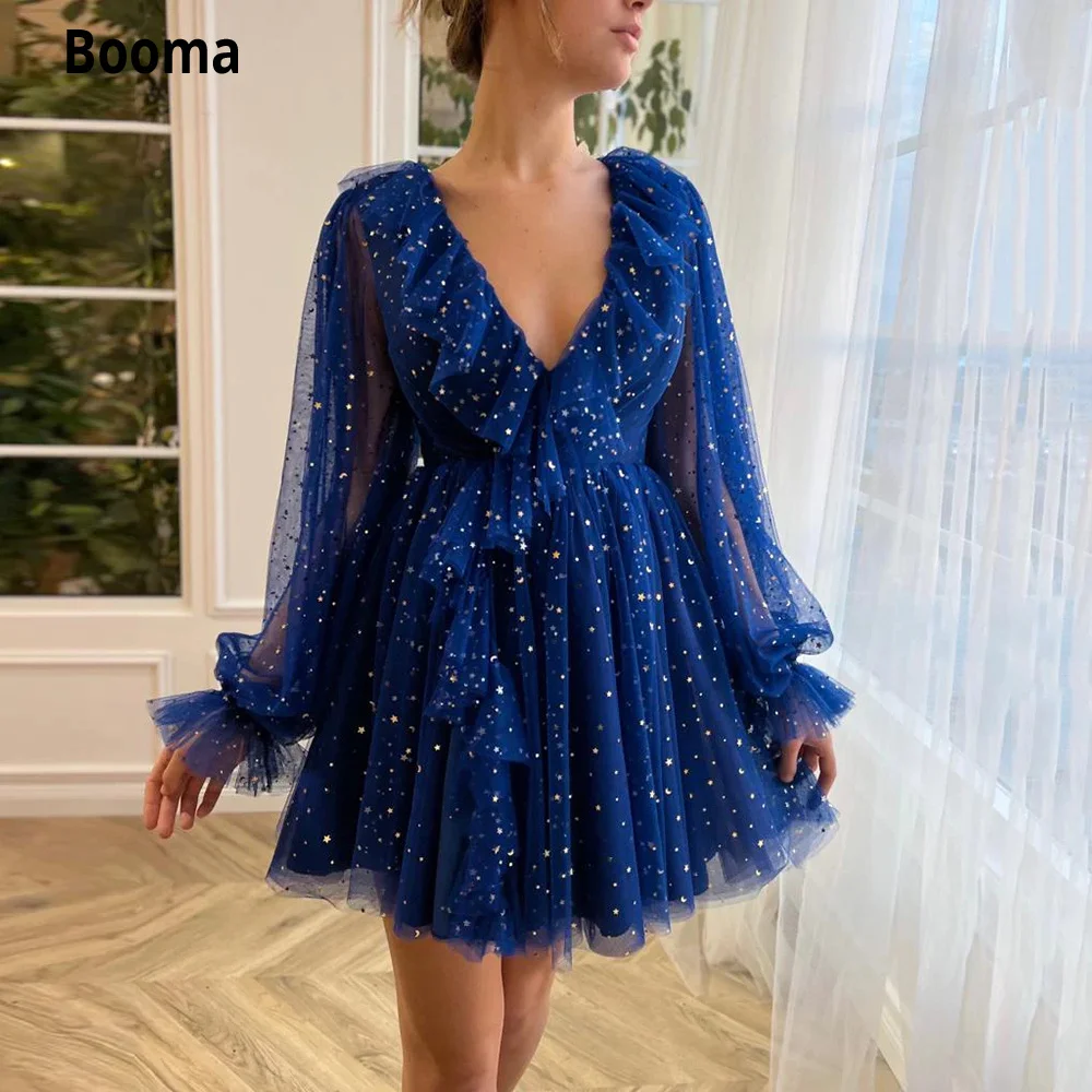 

Booma Blue Starry Tulle Mini Prom Dresses Plunging V-Neck Long Sleeves Ruffles Party Gowns Above Knee A-Line Formal Event Dress