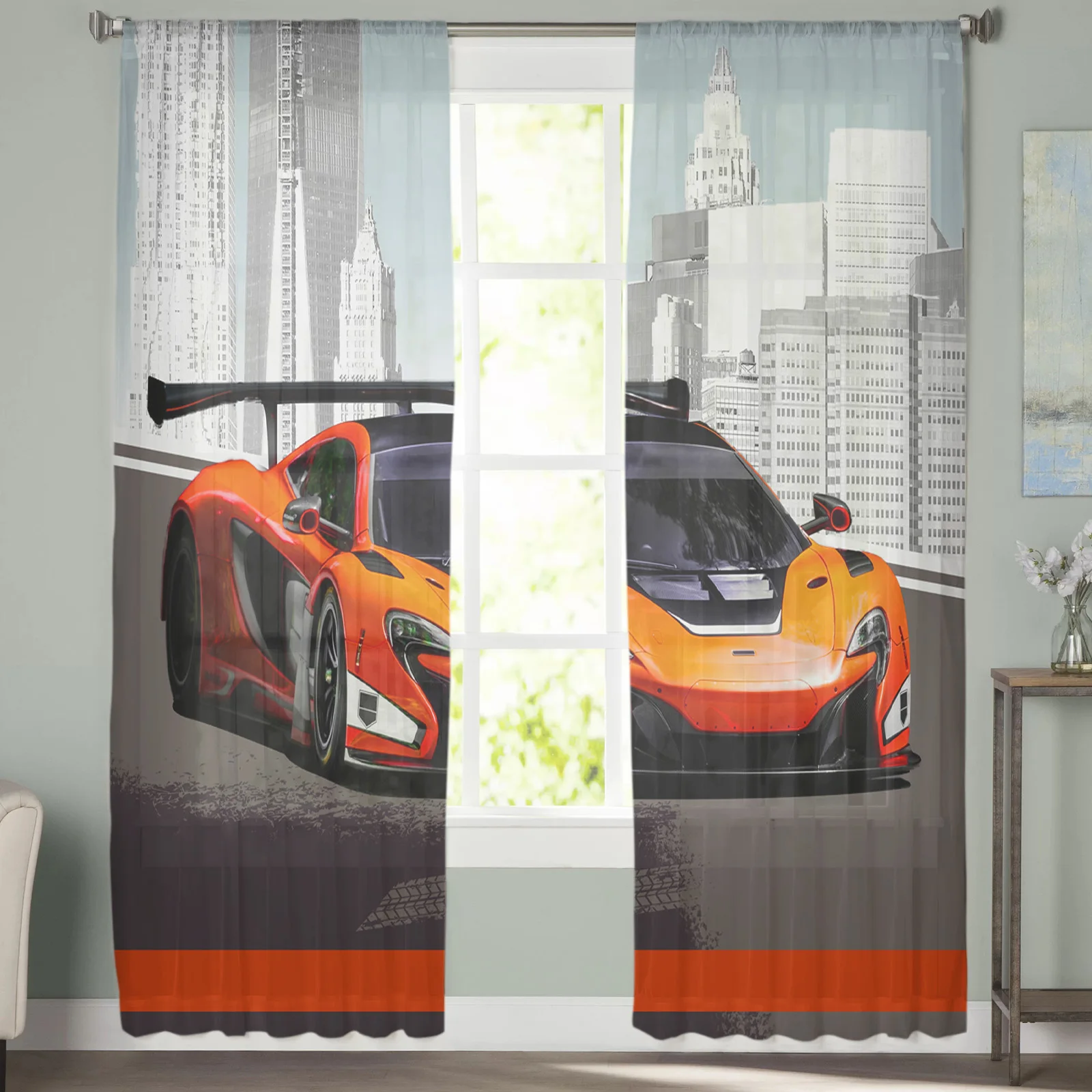 Města sportovní auto úplný okno záclony pro žití pokoj kuchyň děti ložnice dekorace šifon tyl voálové závěsný záclona